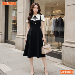 Đầm thiết kế BEMINE cổ sen giả yếm chạy viền dáng chữ A phù hợp đi làm-MT10805