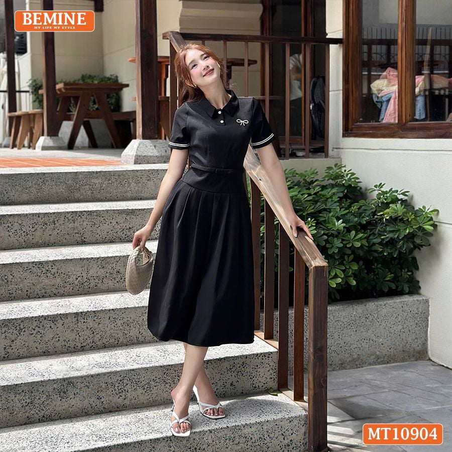 Đầm thiết kế BEMINE cổ đức tay ngắn có viền dáng chữ A MT10904