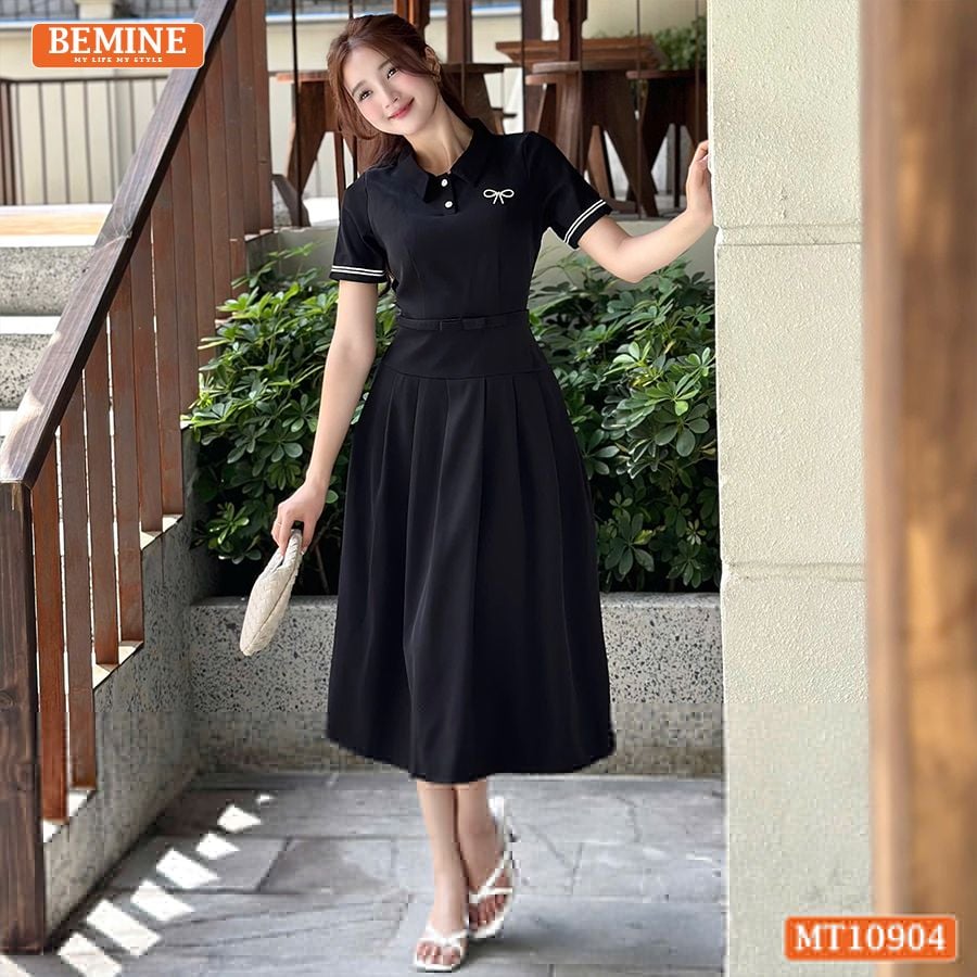 Đầm thiết kế BEMINE cổ đức tay ngắn có viền dáng chữ A MT10904