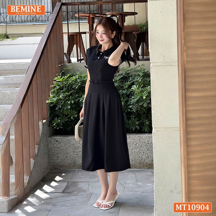 Đầm thiết kế BEMINE cổ đức tay ngắn có viền dáng chữ A MT10904