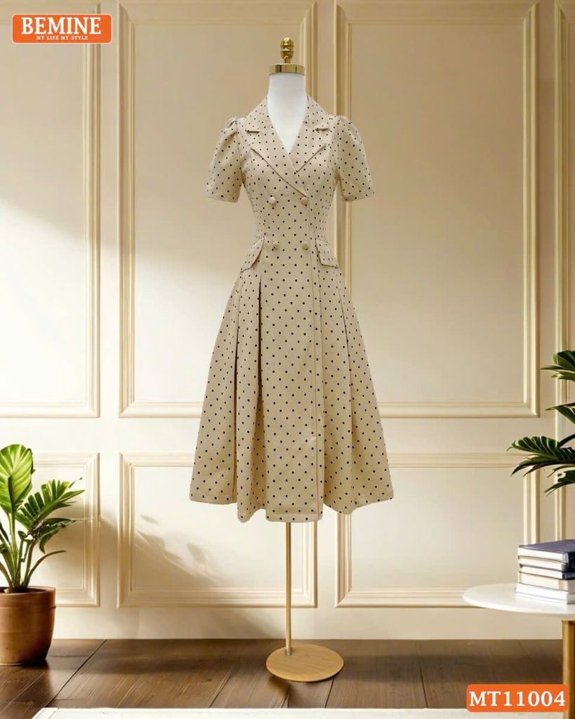 Đầm thiết kế BEMINE cổ vest chấm bi dáng chữ A phù hợp đi làm-MT11004