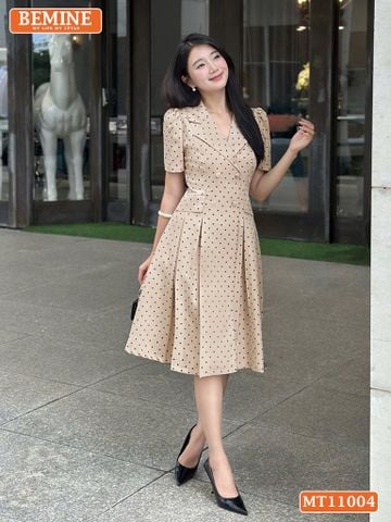 Đầm thiết kế BEMINE cổ vest chấm bi dáng chữ A phù hợp đi làm-MT11004