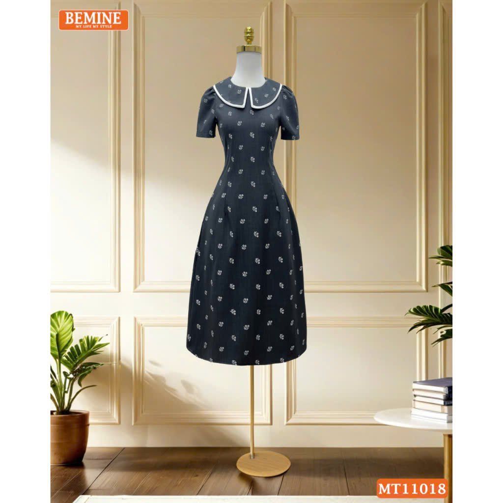 Đầm thiết kế BEMINE cổ thủy thủ có viền in hoa dáng chữ A MT11018