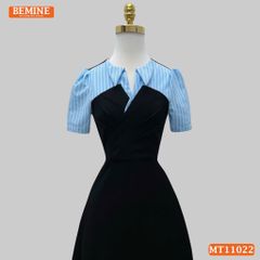 Đầm thiết kế BEMINE cổ V phối sọc xếp trước ngực dáng chữ A MT11022