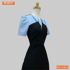 Đầm thiết kế BEMINE cổ V phối sọc xếp trước ngực dáng chữ A MT11022