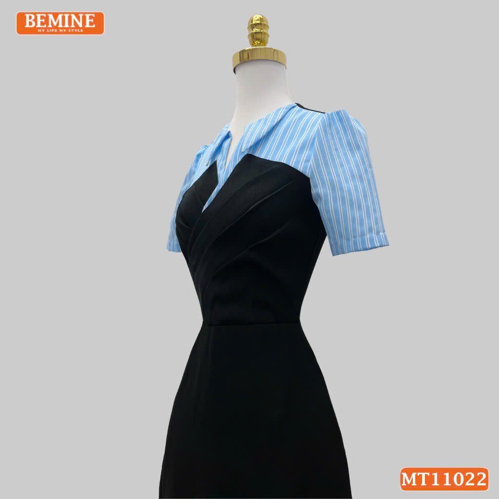 Đầm thiết kế BEMINE cổ V phối sọc xếp trước ngực dáng chữ A MT11022