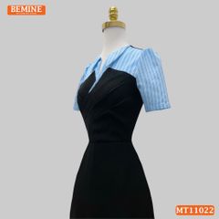 Đầm thiết kế BEMINE cổ V phối sọc xếp trước ngực dáng chữ A MT11022