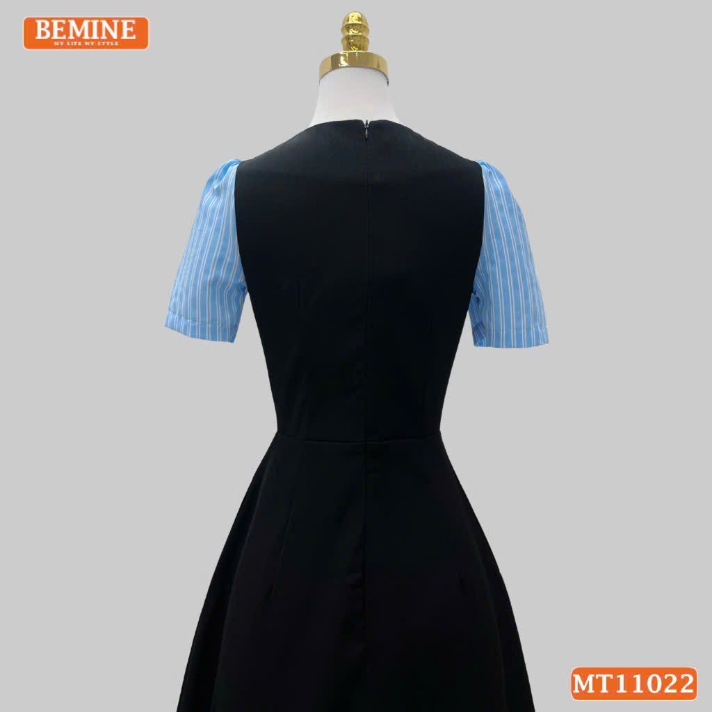 Đầm thiết kế BEMINE cổ V phối sọc xếp trước ngực dáng chữ A MT11022