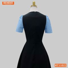 Đầm thiết kế BEMINE cổ V phối sọc xếp trước ngực dáng chữ A MT11022