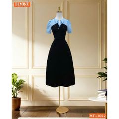 Đầm thiết kế BEMINE cổ V phối sọc xếp trước ngực dáng chữ A MT11022