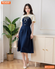 Đầm thiết kế BEMINE cổ tim phối ren hoa đính nơ dáng chữ A phù hợp đi làm-MT11032