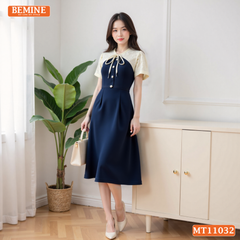 Đầm thiết kế BEMINE cổ tim phối ren hoa đính nơ dáng chữ A phù hợp đi làm-MT11032