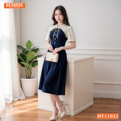 Đầm thiết kế BEMINE cổ tim phối ren hoa đính nơ dáng chữ A phù hợp đi làm-MT11032