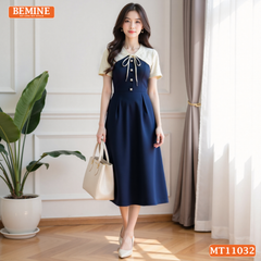Đầm thiết kế BEMINE cổ tim phối ren hoa đính nơ dáng chữ A phù hợp đi làm-MT11032