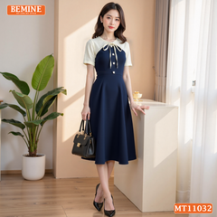 Đầm thiết kế BEMINE cổ tim phối ren hoa đính nơ dáng chữ A phù hợp đi làm-MT11032