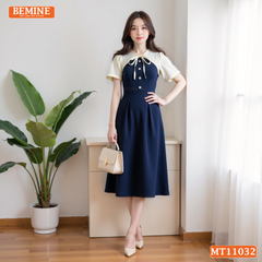 Đầm thiết kế BEMINE cổ tim phối ren hoa đính nơ dáng chữ A phù hợp đi làm-MT11032