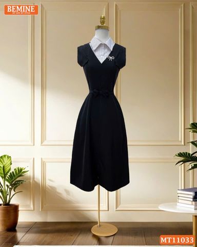 Đầm thiết kế BEMINE cổ sơ mi phối sọc dáng chữ A phù hợp đi làm-MT11033