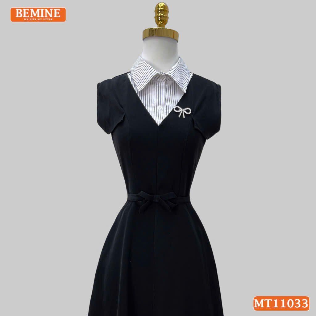 Đầm thiết kế BEMINE cổ sơ mi phối sọc dáng chữ A phù hợp đi làm-MT11033