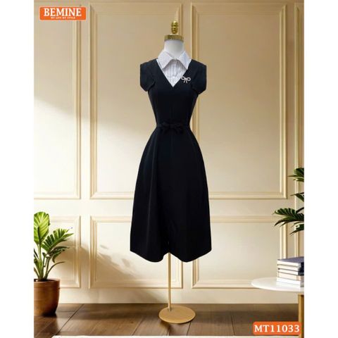 Đầm thiết kế BEMINE cổ sơ mi phối sọc dáng chữ A phù hợp đi làm-MT11033