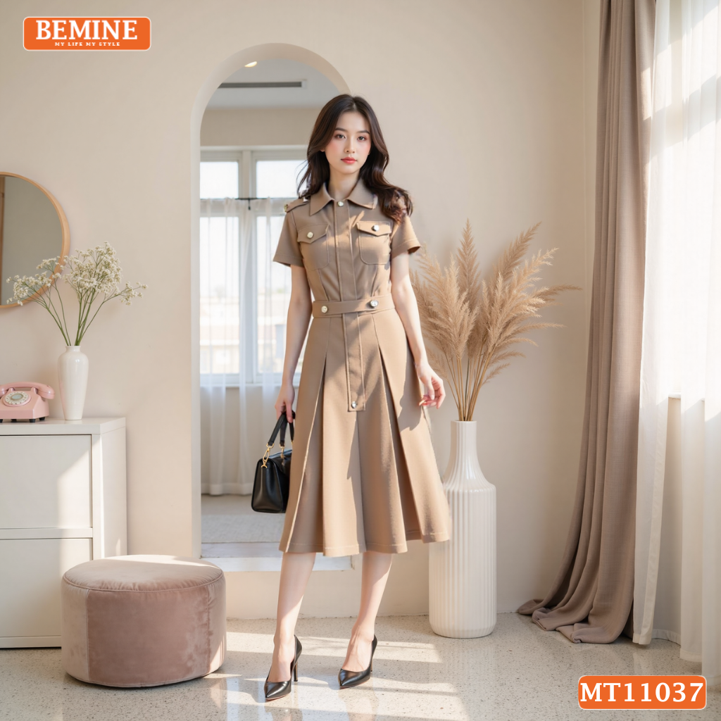 Đầm thiết kế BEMINE cổ sơ mi có túi dáng ngắn tùng xếp ly phù hợp đi làm, đi chơi-MT11037