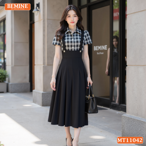 Đầm thiết kế BEMINE cổ đức phối caro viền bèo dáng chữ A MT11042