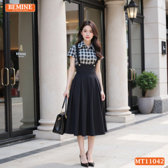 Đầm thiết kế BEMINE cổ đức phối caro viền bèo dáng chữ A MT11042