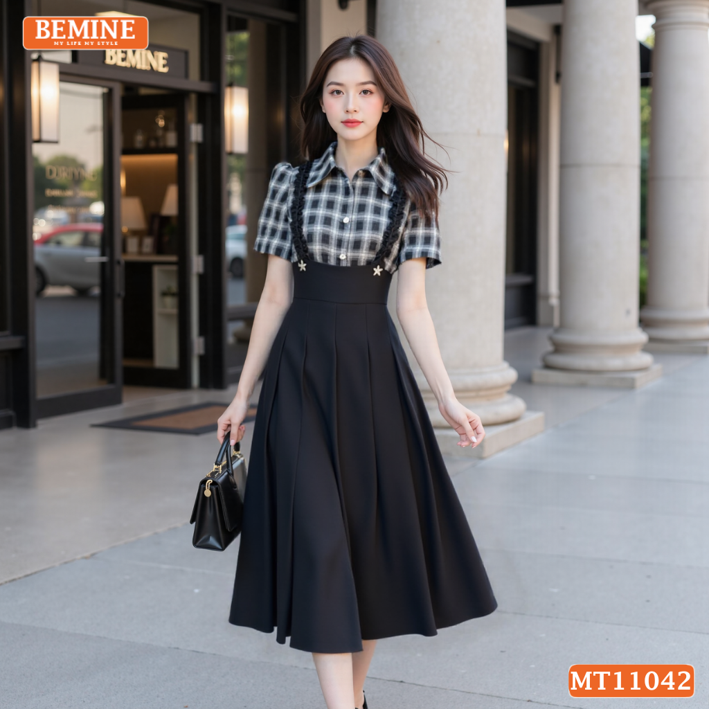Đầm thiết kế BEMINE cổ đức phối caro viền bèo dáng chữ A MT11042