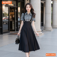 Đầm thiết kế BEMINE cổ đức phối caro viền bèo dáng chữ A MT11042