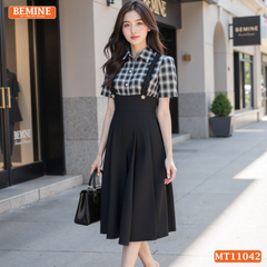 Đầm thiết kế BEMINE cổ đức phối caro viền bèo dáng chữ A MT11042