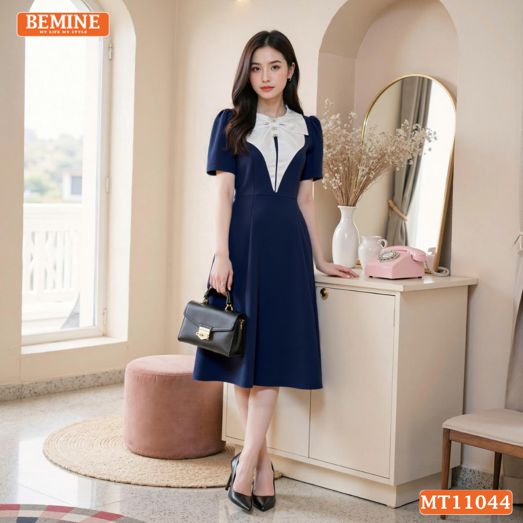 Đầm thiết kế BEMINE cổ tròn bèo cách điệu dáng chữ A phù hợp đi làm-MT11044