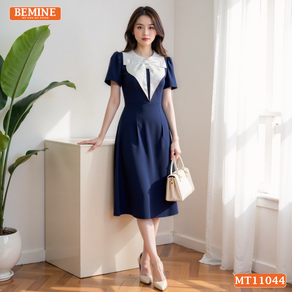 Đầm thiết kế BEMINE cổ tròn bèo cách điệu dáng chữ A phù hợp đi làm-MT11044