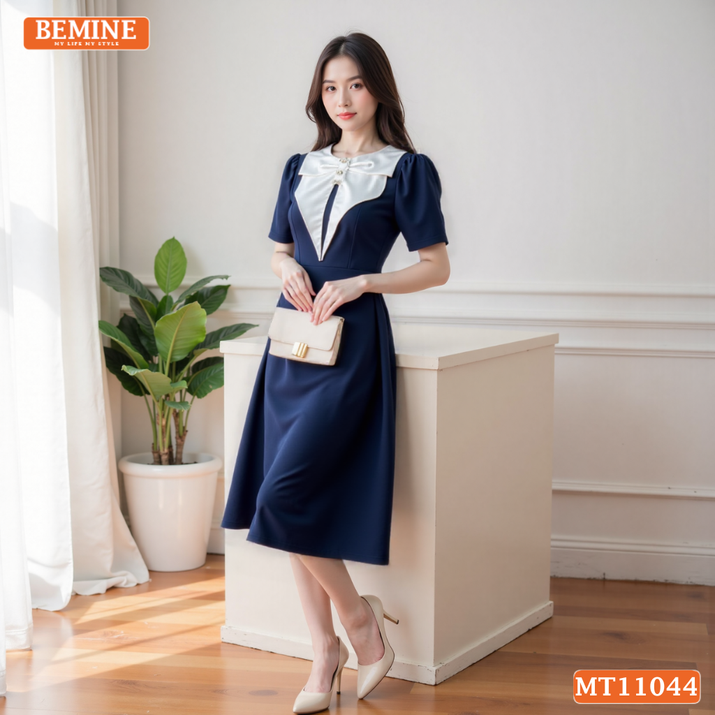 Đầm thiết kế BEMINE cổ tròn bèo cách điệu dáng chữ A phù hợp đi làm-MT11044