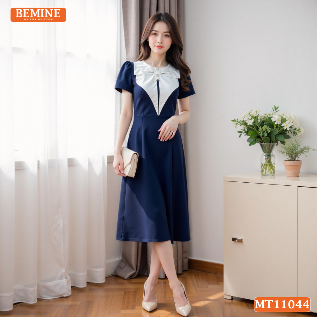 Đầm thiết kế BEMINE cổ tròn bèo cách điệu dáng chữ A phù hợp đi làm-MT11044