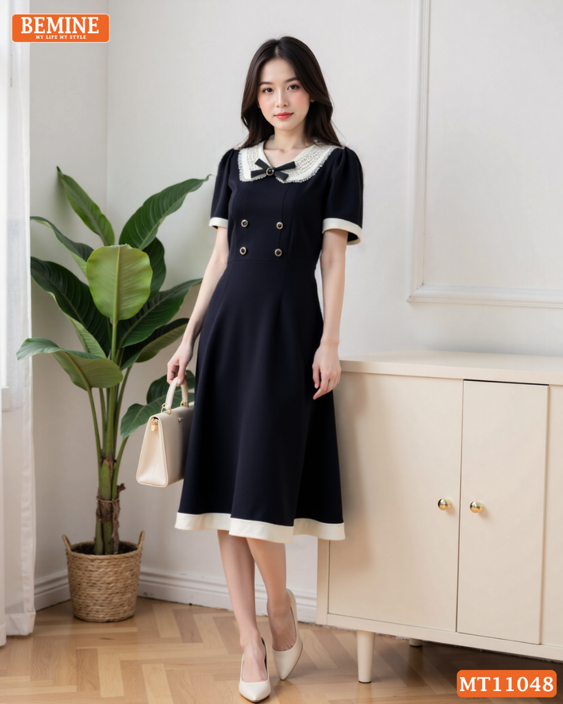 Đầm thiết kế BEMINE cổ sen viền ren có cúc dáng chữ A phù hợp đi chơi-MT11048