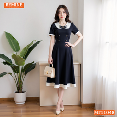 Đầm thiết kế BEMINE cổ sen viền ren có cúc dáng chữ A phù hợp đi chơi-MT11048