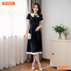 Đầm thiết kế BEMINE cổ sen viền ren có cúc dáng chữ A phù hợp đi chơi-MT11048