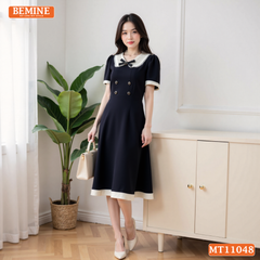 Đầm thiết kế BEMINE cổ sen viền ren có cúc dáng chữ A phù hợp đi chơi-MT11048