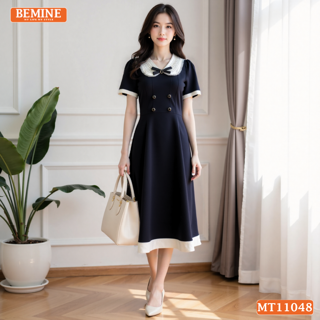 Đầm thiết kế BEMINE cổ sen viền ren có cúc dáng chữ A phù hợp đi chơi-MT11048