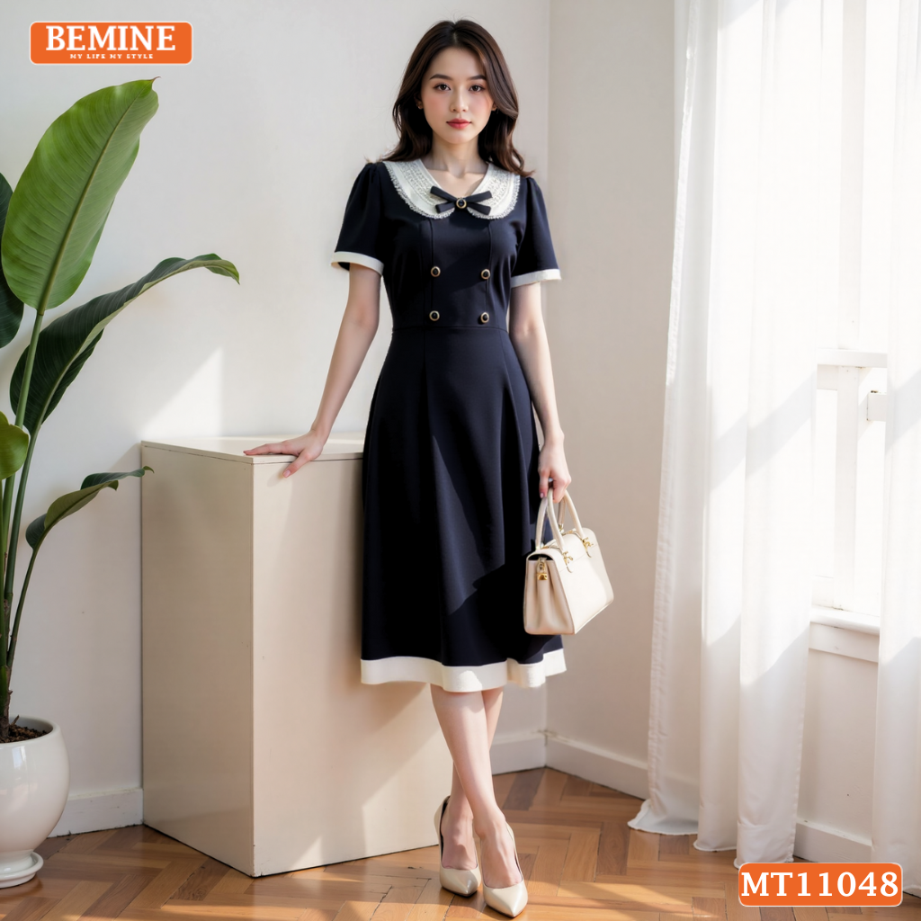 Đầm thiết kế BEMINE cổ sen viền ren có cúc dáng chữ A phù hợp đi chơi-MT11048