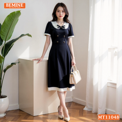 Đầm thiết kế BEMINE cổ sen viền ren có cúc dáng chữ A phù hợp đi chơi-MT11048