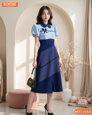 Đầm thiết kế BEMINE cổ sen phối kẻ nơ liền dáng chữ A phù hợp đi làm-MT11054