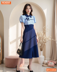 Đầm thiết kế BEMINE cổ sen phối kẻ nơ liền dáng chữ A phù hợp đi làm-MT11054