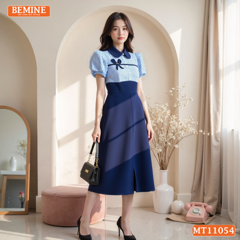 Đầm thiết kế BEMINE cổ sen phối kẻ nơ liền dáng chữ A phù hợp đi làm-MT11054