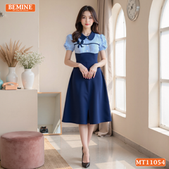 Đầm thiết kế BEMINE cổ sen phối kẻ nơ liền dáng chữ A phù hợp đi làm-MT11054