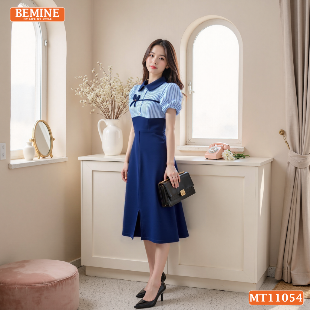 Đầm thiết kế BEMINE cổ sen phối kẻ nơ liền dáng chữ A phù hợp đi làm-MT11054