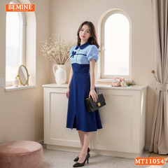 Đầm thiết kế BEMINE cổ sen phối kẻ nơ liền dáng chữ A phù hợp đi làm-MT11054