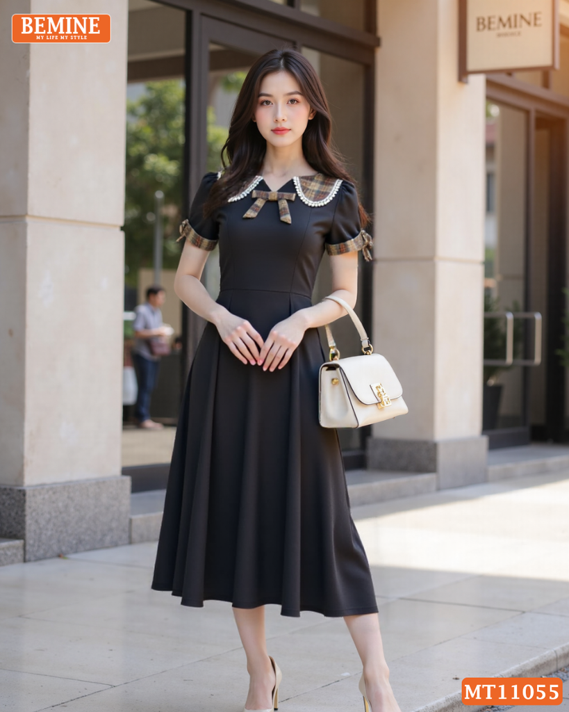 Đầm thiết kế BEMINE cổ sen phối caro viền ren dáng chữ A MT11055