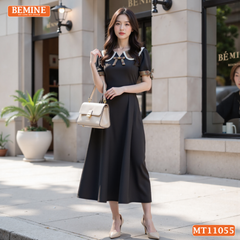 Đầm thiết kế BEMINE cổ sen phối caro viền ren dáng chữ A MT11055