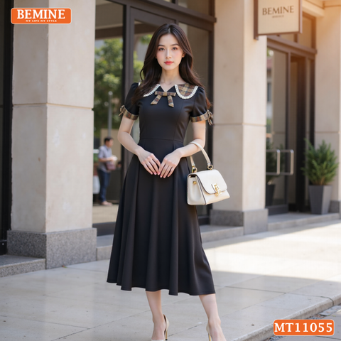 Đầm thiết kế BEMINE cổ sen phối caro viền ren dáng chữ A MT11055