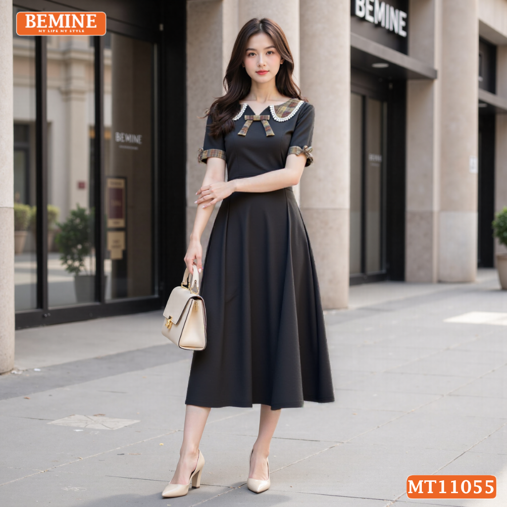 Đầm thiết kế BEMINE cổ sen phối caro viền ren dáng chữ A MT11055